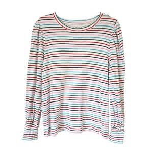LOFT Womens Large White Multicolor Striped Puff Sleeve Cotton Knit Top Tee L